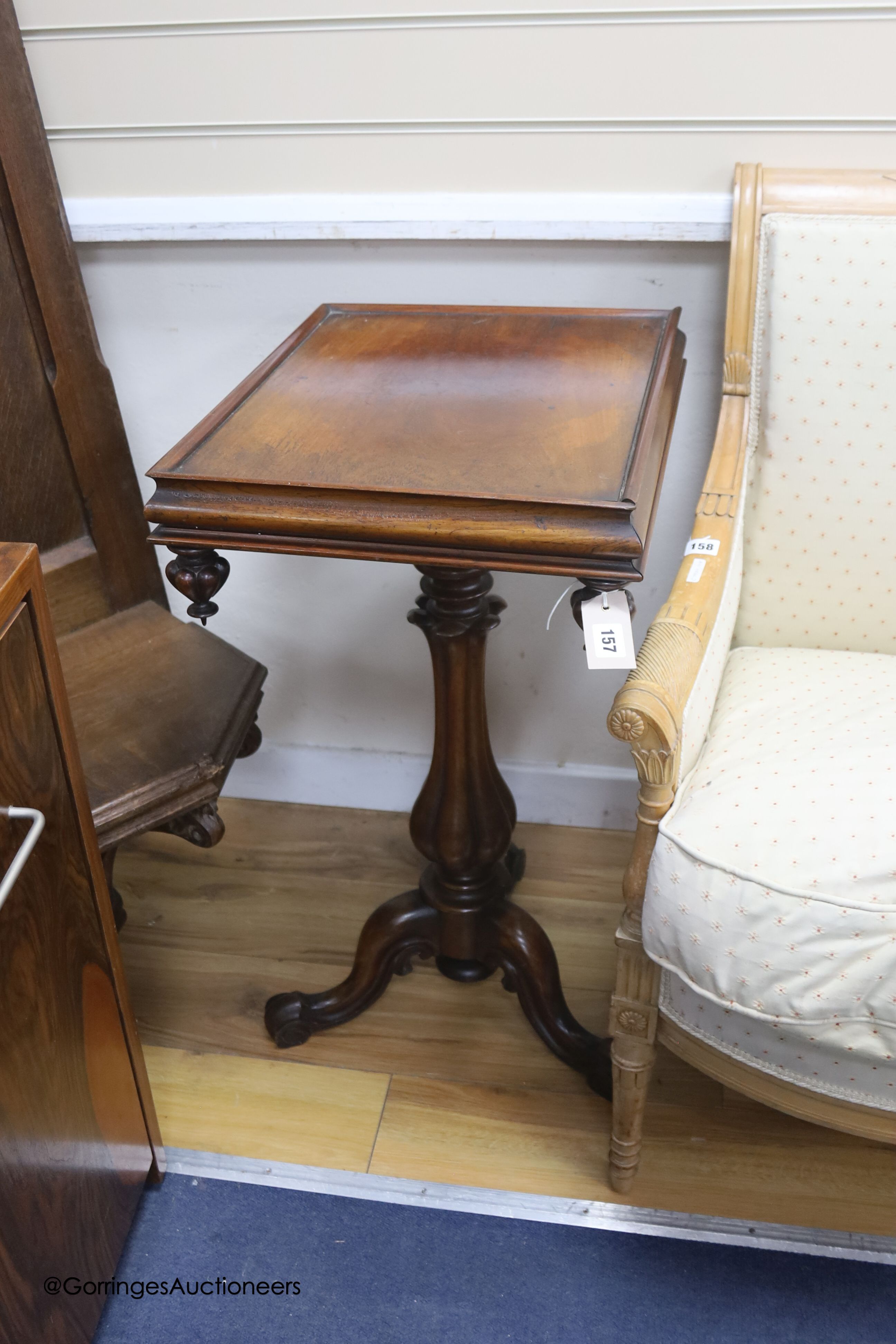 A Victorian rectangular mahogany tripod table, width 48cm, depth 38cm, height 76cm